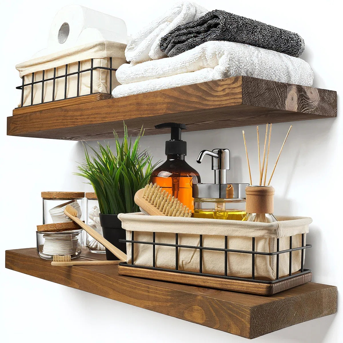 Solid Wood Floating Shelves, Wooden Shelves for Wall Storage (Set of 2)